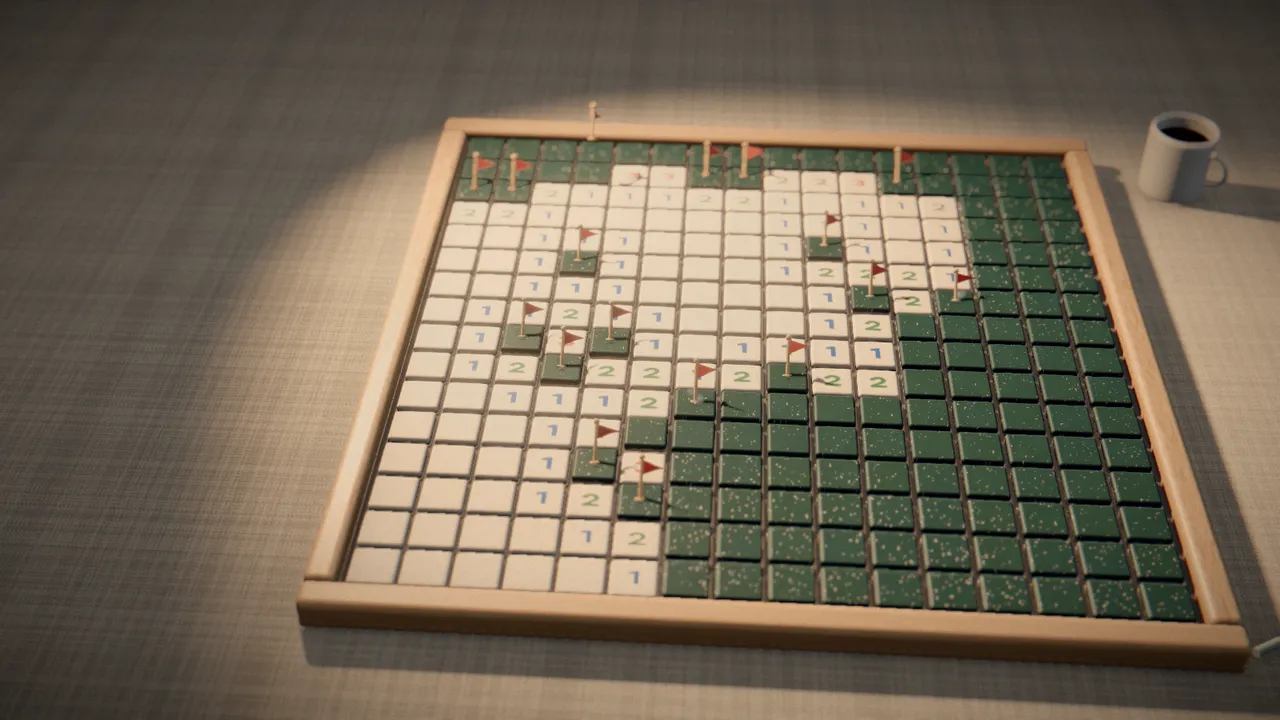 Glazed sage-green ceramic tiles in an oak tray on a linen cloth, some flipped to show pastel numbers, with a small terracotta flag under a warm desk lamp
