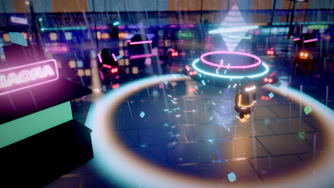 A hooded runner in a wet neon plaza at night, surrounded by glowing-eyed creatures and arcs of laser light reflected in the puddles