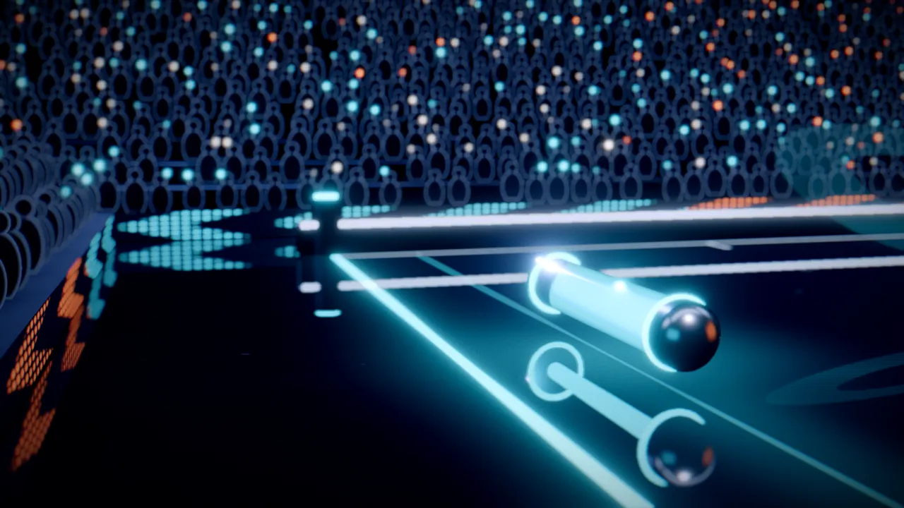 A glowing cyan light-tube paddle on a black mirror court, a white-hot puck streaking toward an orange paddle under stadium floodlights