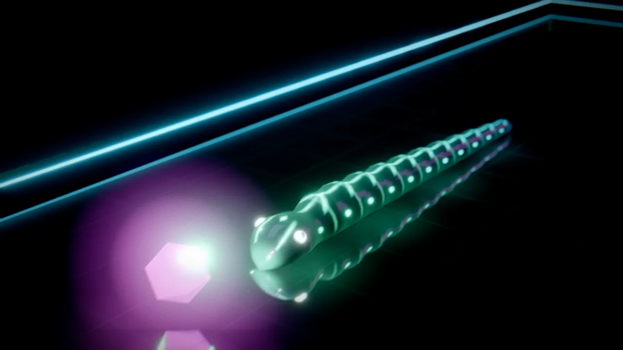 A glowing mint-green segmented serpent gliding across a reflective black floor towards a magenta gem